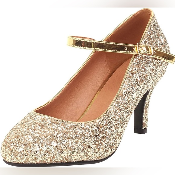 ❤️❤️New in Box - Sparkly Gold Kitten Heel Mary Jane Pumps, Adjustable Buckle - Picture 3 of 11